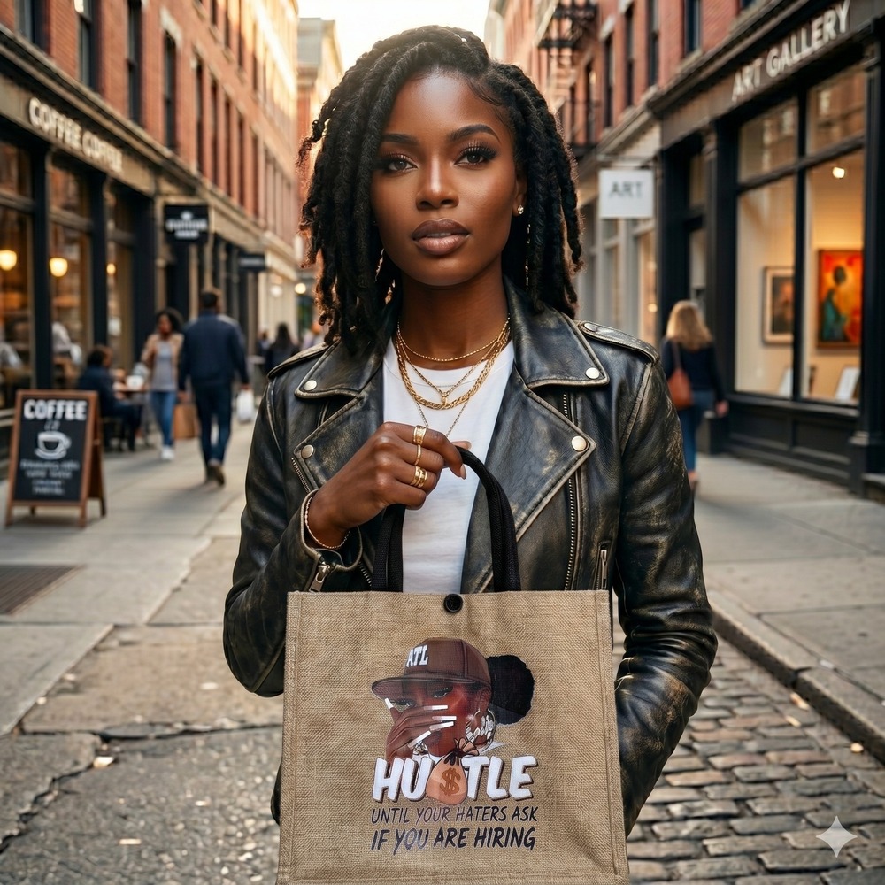 Black Girl Graphic Art Women Burlap Tote Bag Atlanta Hustle Haters Eco Friendly